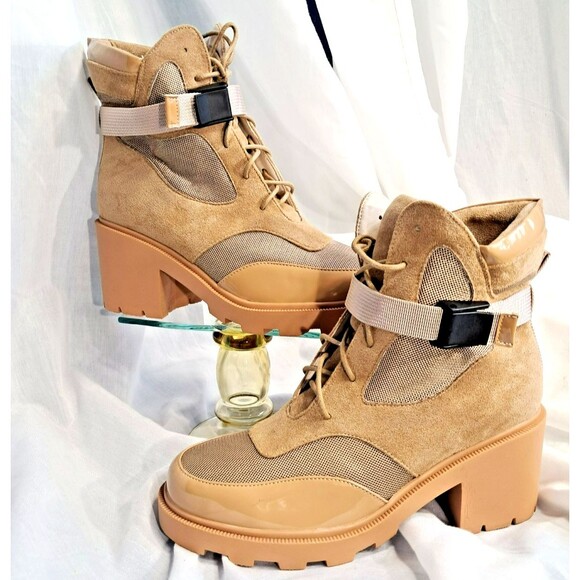 Vivianly Women's Suede Patent Leather Chunky Combat Boots Tactical Tan SIze 8 - Picture 3 of 13